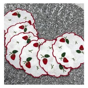 Vintage Set of 6 Coasters Linen Madeira Style Strawberry Appliqué And Embroidery
